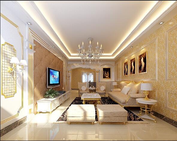沧州榕城世家金色欧式长方形大客厅金色沙发背景墙U型沙发石膏吊顶效果图